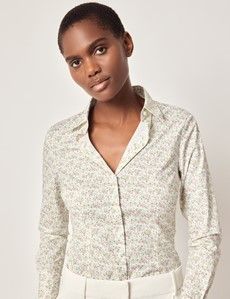 Fitted White & Green Ditsy Floral Shirt