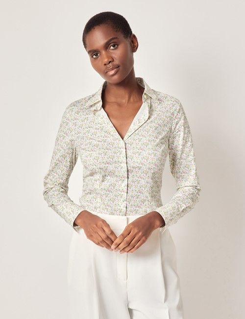 White & Green Ditsy Floral Cotton Stretch Fitted Shirt