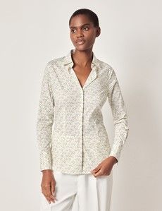 Fitted White & Green Ditsy Floral Shirt