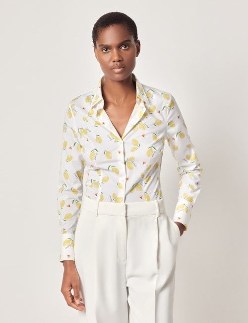 White & Yellow Sicily Lemons Cotton Stretch Fitted Shirt