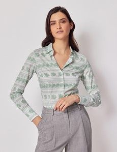 Fitted White & Green Folk Stitch Shirt