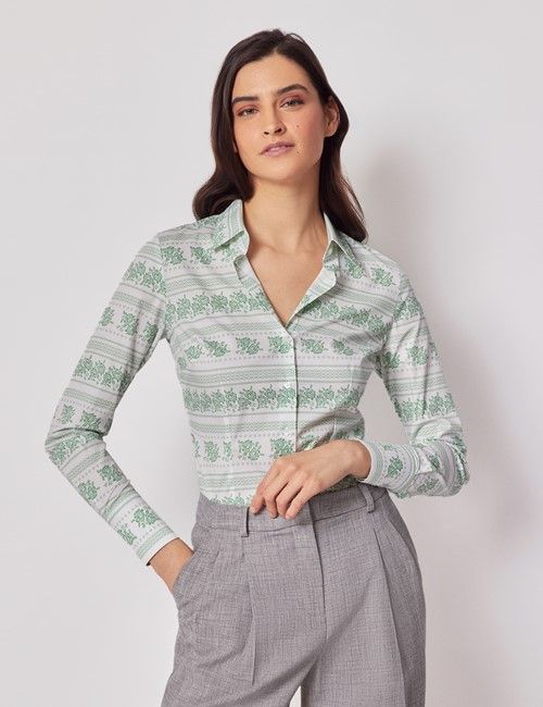 White & Green Folk Stitch Cotton Stretch Fitted Shirt