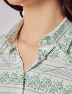 Fitted White & Green Folk Stitch Shirt