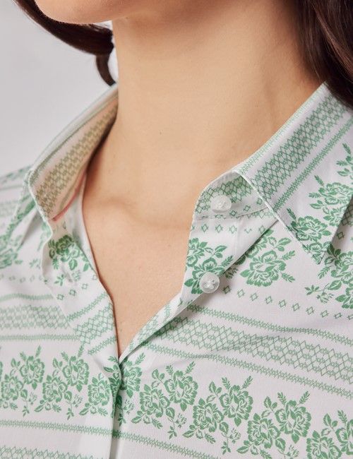 White & Green Folk Stitch Cotton Stretch Fitted Shirt-preview