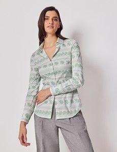 Fitted White & Green Folk Stitch Shirt