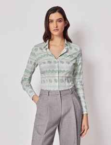 Fitted White & Green Folk Stitch Shirt