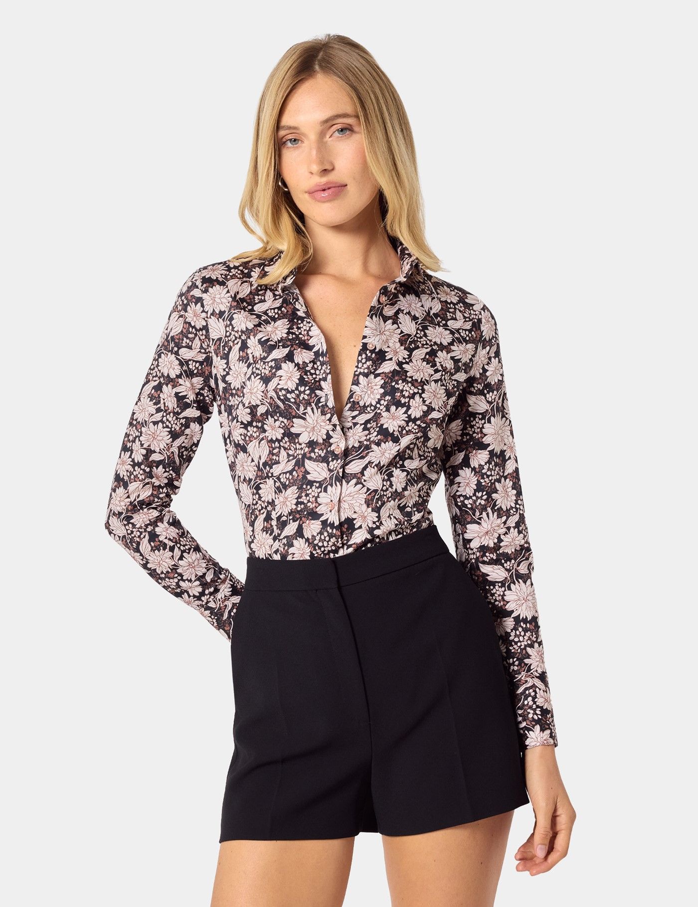 Black & Pink Floral Fitted Cotton Stretch Shirt
