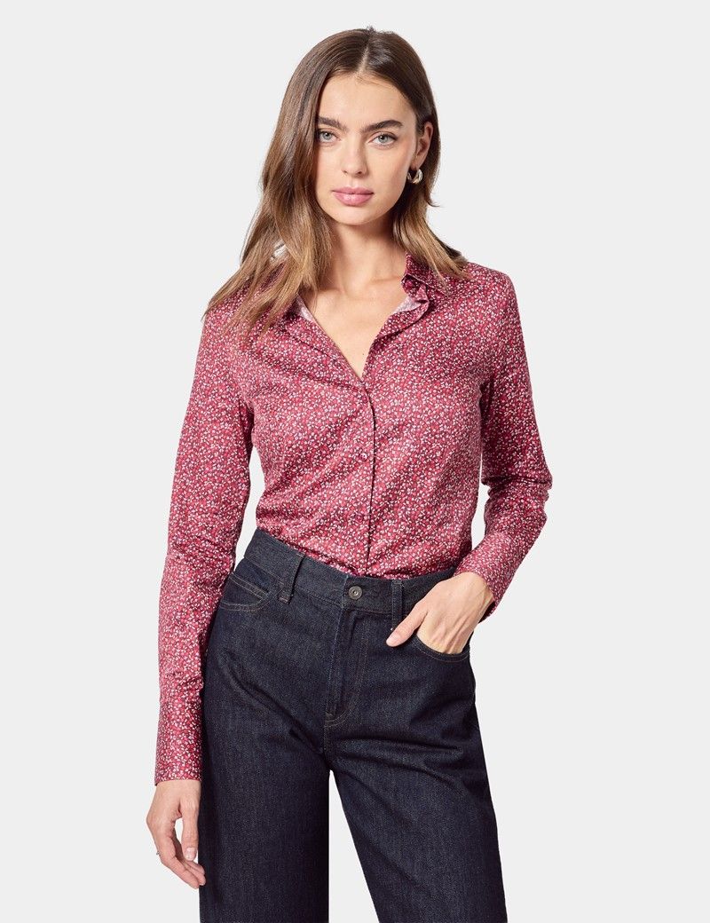 Fitted Burgundy & White Floral Shirt