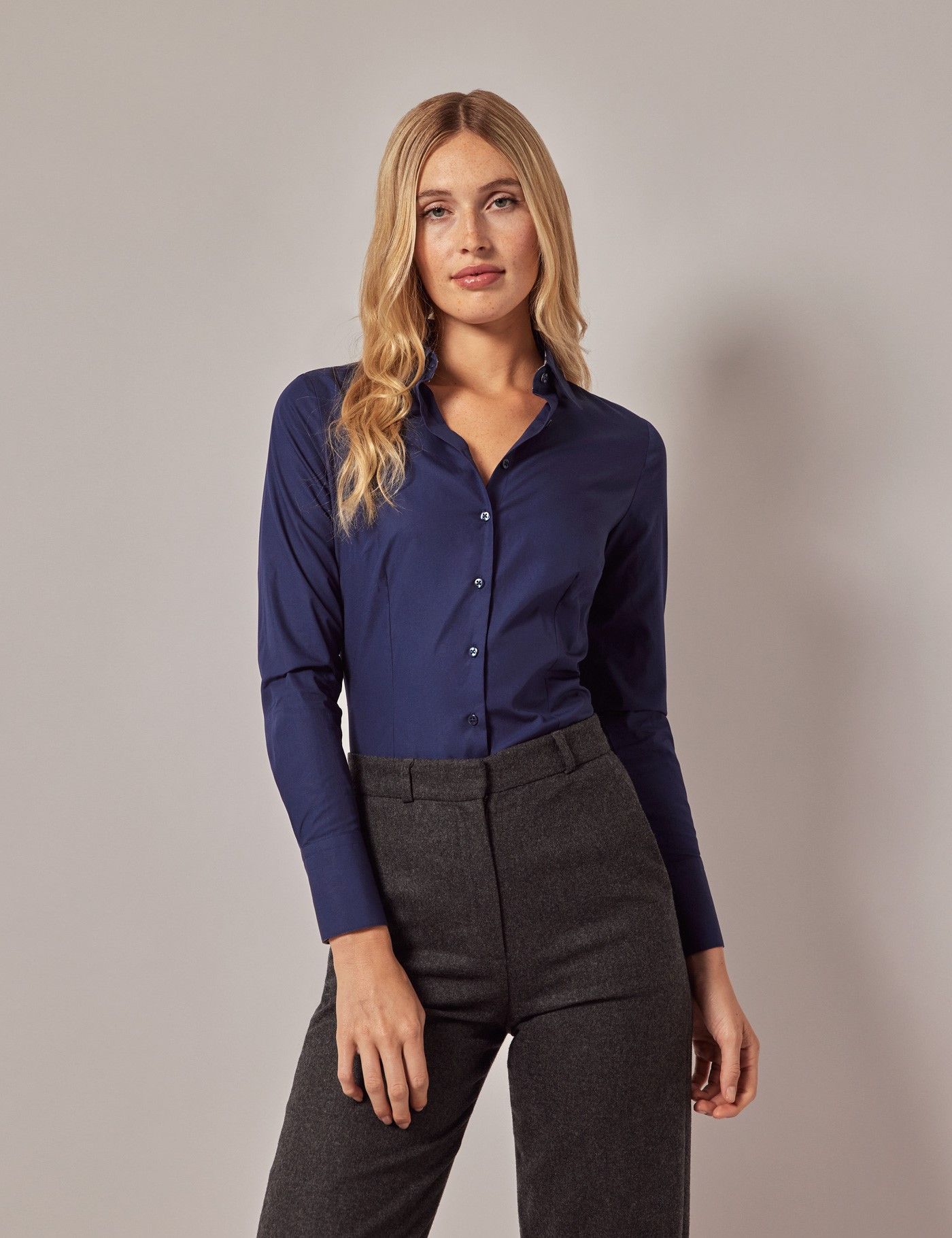 Navy Fitted Cotton Shirt - Contrast Detail