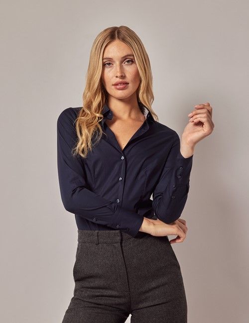 Navy Fitted Cotton Shirt - Contrast Detail