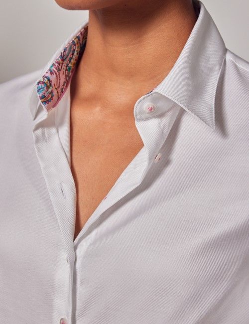 White Twill Weave Fitted Cotton Stretch Shirt - Contrast Detail-preview