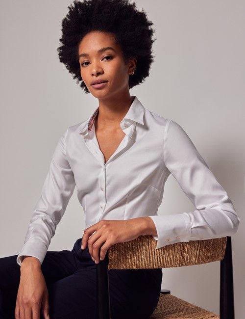 White Twill Weave Fitted Cotton Stretch Shirt - Contrast Detail