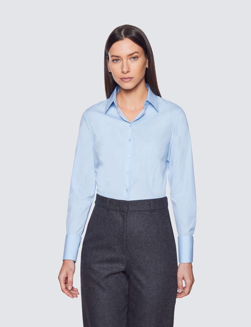 Women s Ice Blue Cotton Fitted Stretch Shirt Hawes Curtis