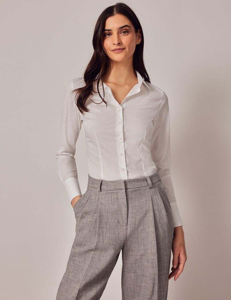 Women's White Fitted Cotton Stretch Shirt - Single Cuffs | Hawes and Curtis