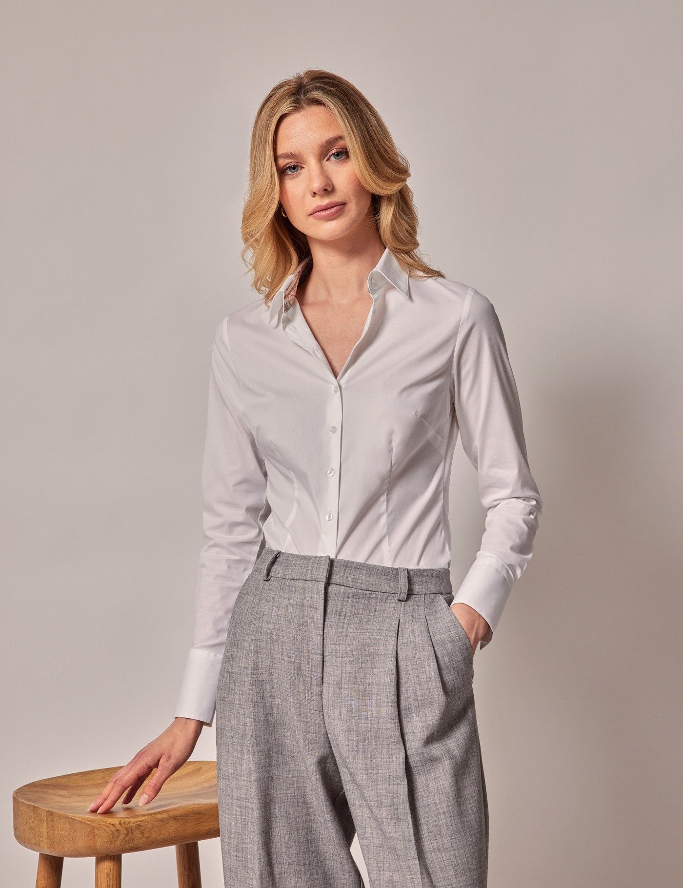 White Fitted Cotton Stretch Shirt - Contrast Detail