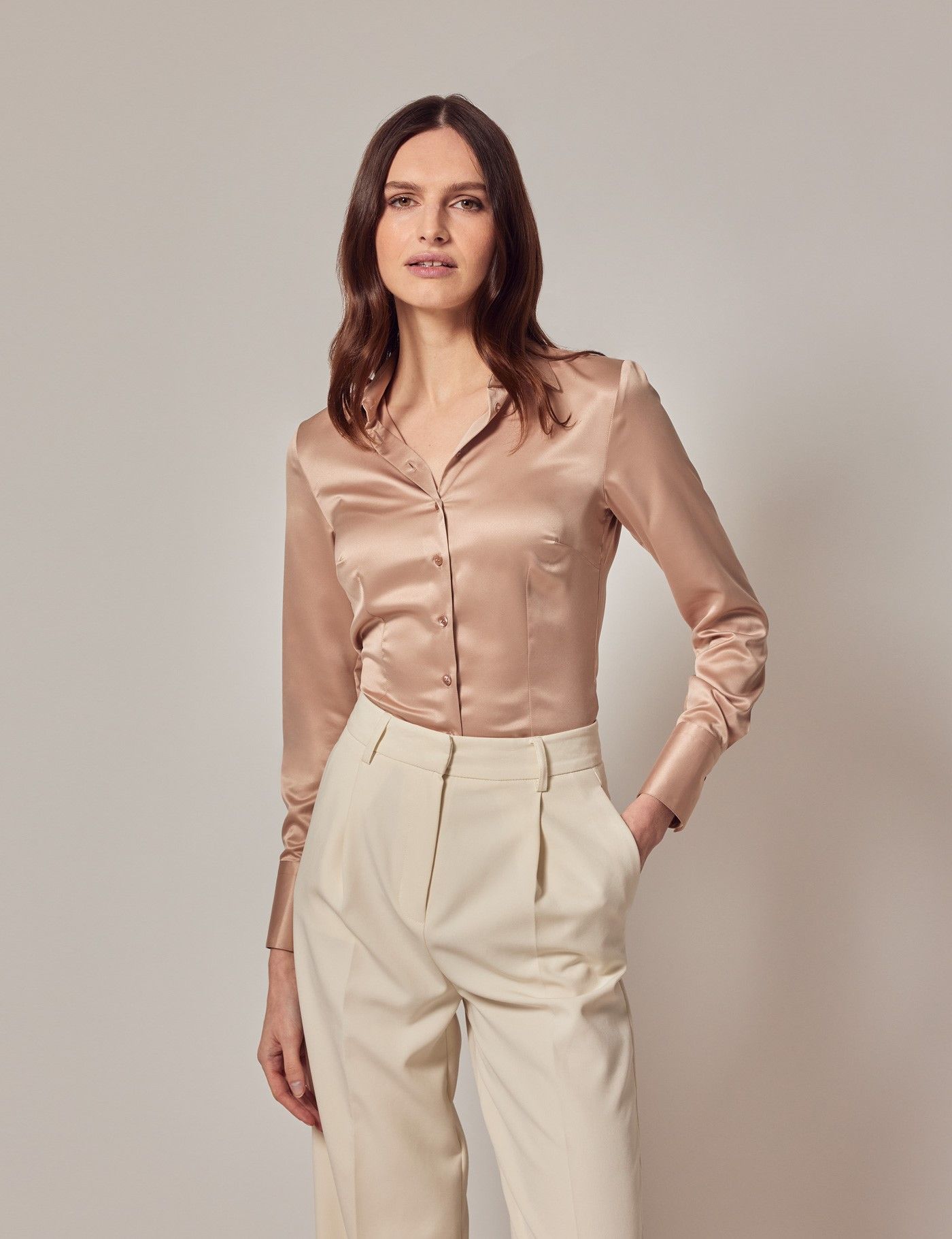 Women s Taupe Fitted Satin Shirt Single Cuffs Hawes Curtis