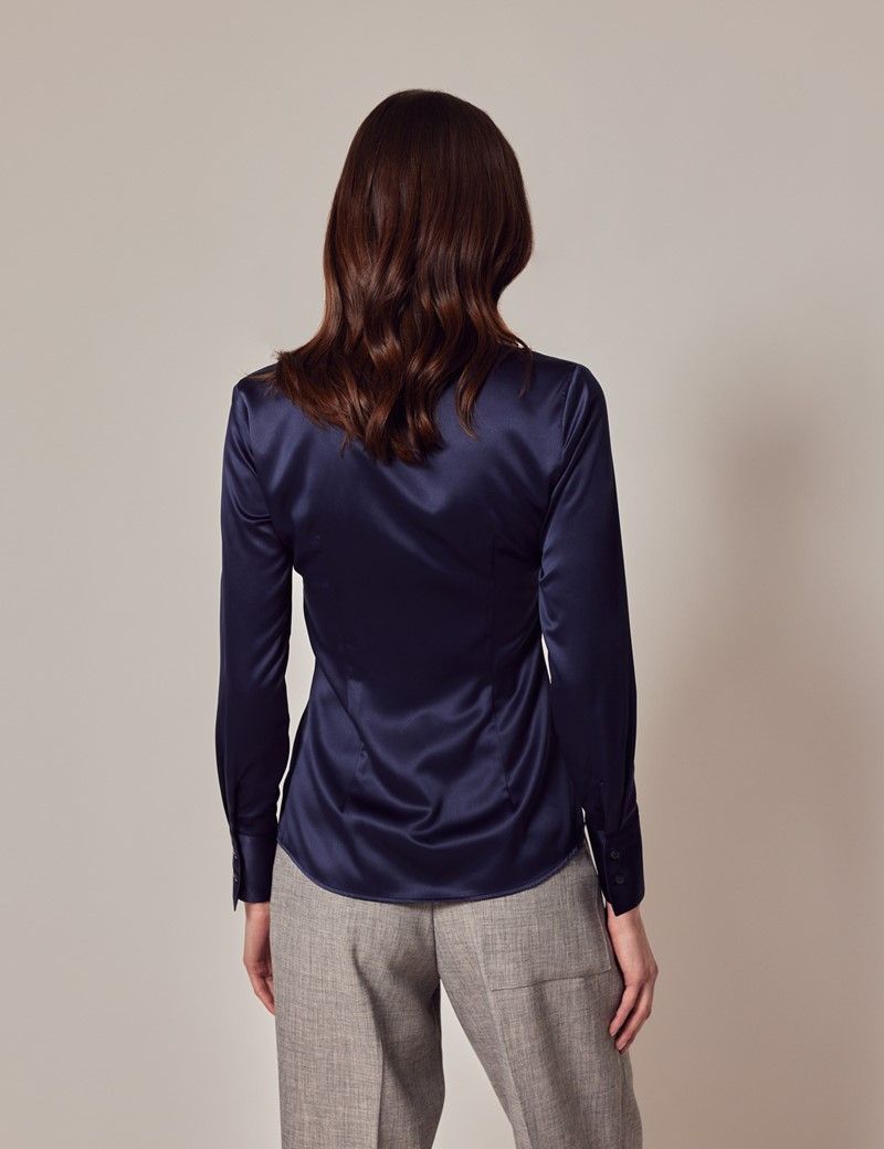 Women's Navy Fitted Satin Shirt | Hawes & Curtis