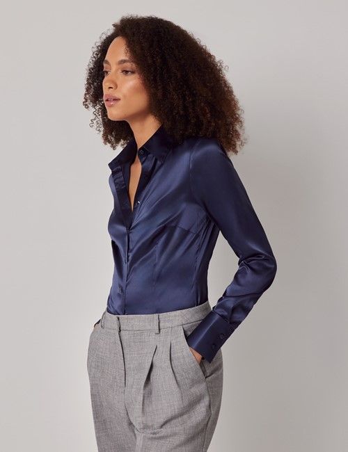 Navy Fitted Satin Shirt