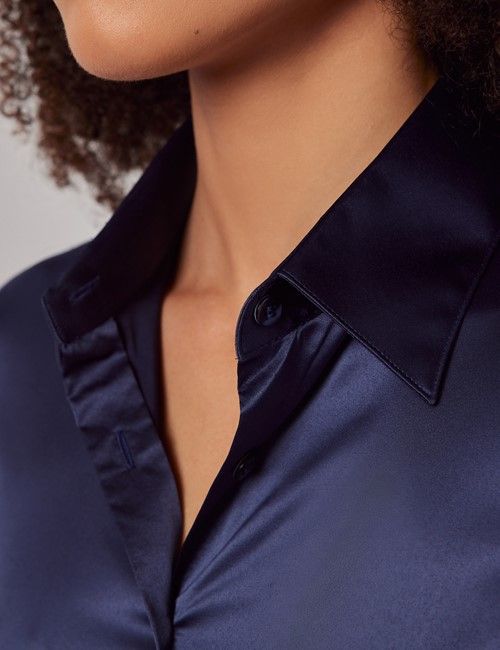 Navy Fitted Satin Shirt-preview