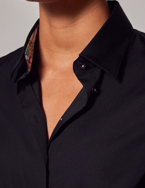 Black Cotton Stretch Fitted Shirt - Contrast Detail-preview