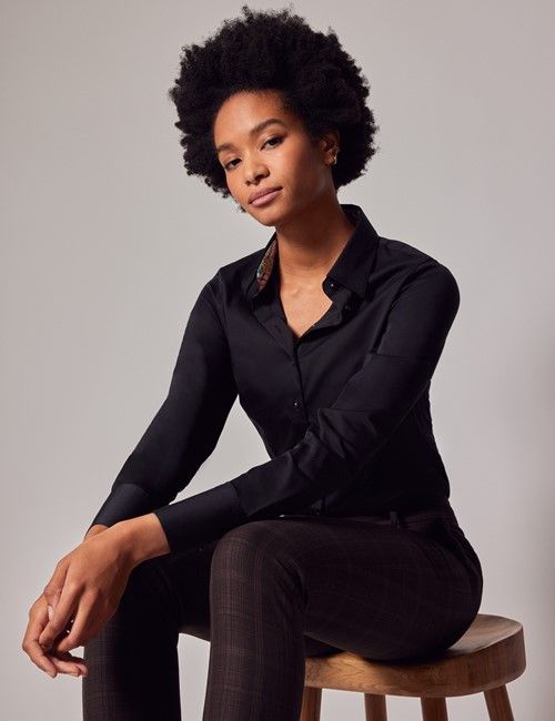 Black Cotton Stretch Fitted Shirt - Contrast Detail