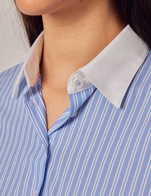 Blue & White Double Stripe Fitted Shirt With White Collar & Cuffs-preview