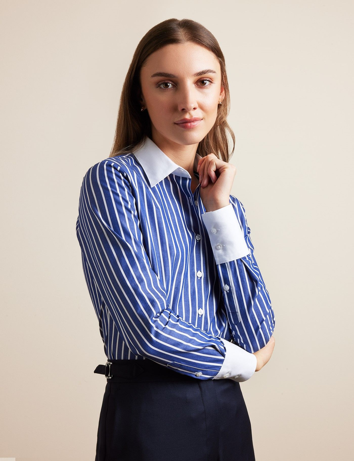 Women's Fitted Navy & White Stripe Shirt | Hawes & Curtis
