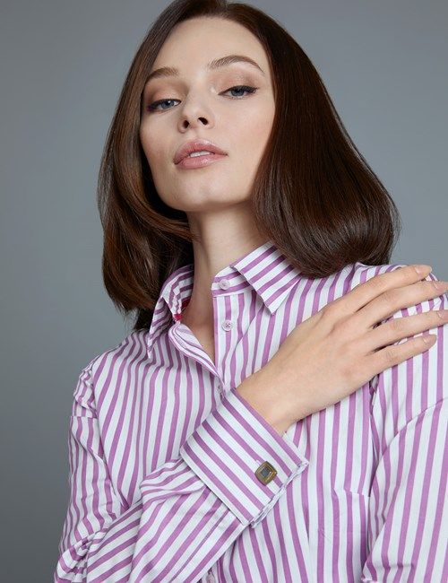 Women's Fuchsia & White Stripe Fitted Shirt - Double Cuff-preview