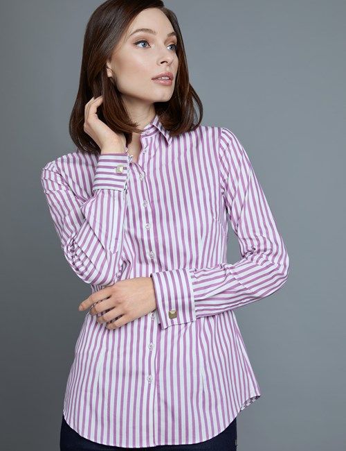 Women's Fuchsia & White Stripe Fitted Shirt - Double Cuff