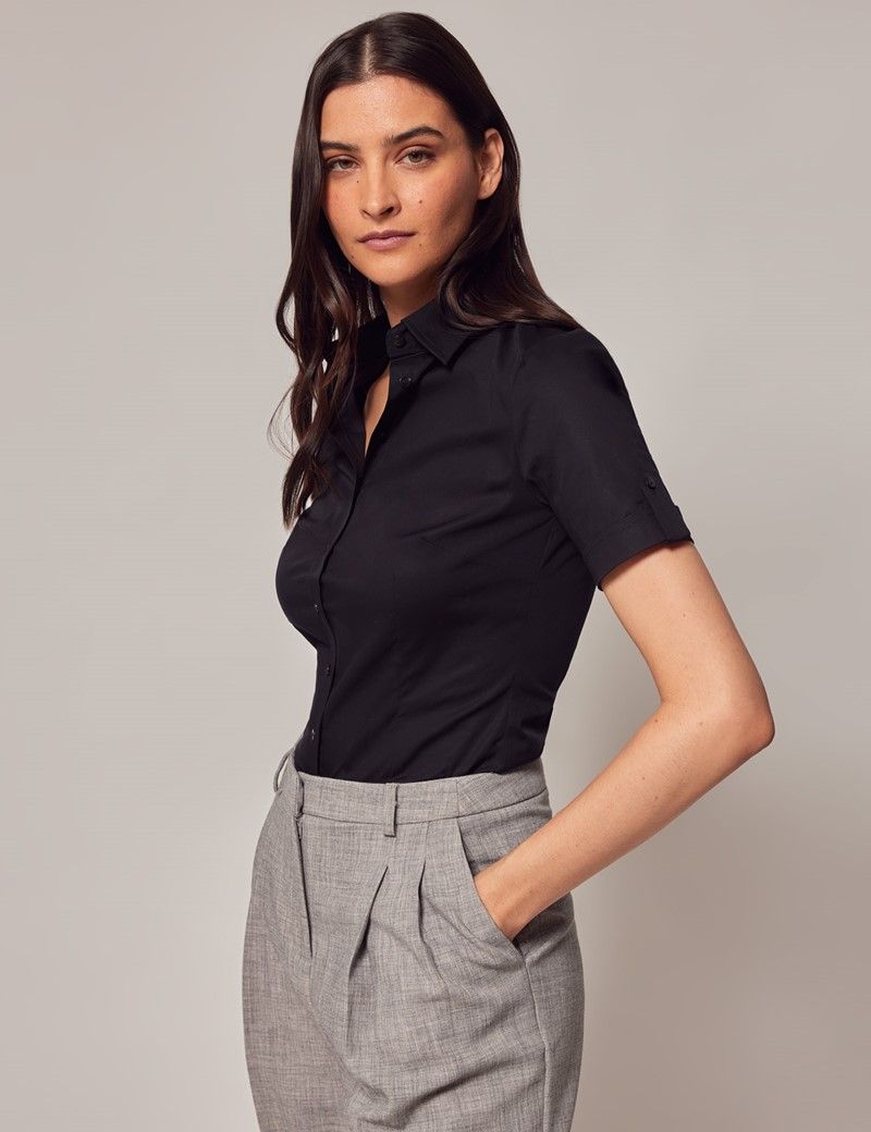 Women's Black Fitted Short Sleeve Shirt | Hawes & Curtis