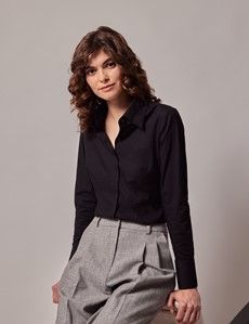 Black Cotton Stretch Fitted Shirt With Concealed Placket