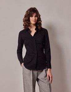 Black Cotton Stretch Fitted Shirt With Concealed Placket-preview2