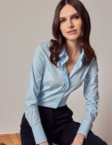 Ice Blue Cotton Stretch Fitted Shirt With Concealed Placket
