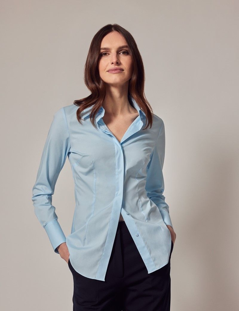 Women's Ice Blue Fitted Cotton Stretch Shirt With Concealed Placket