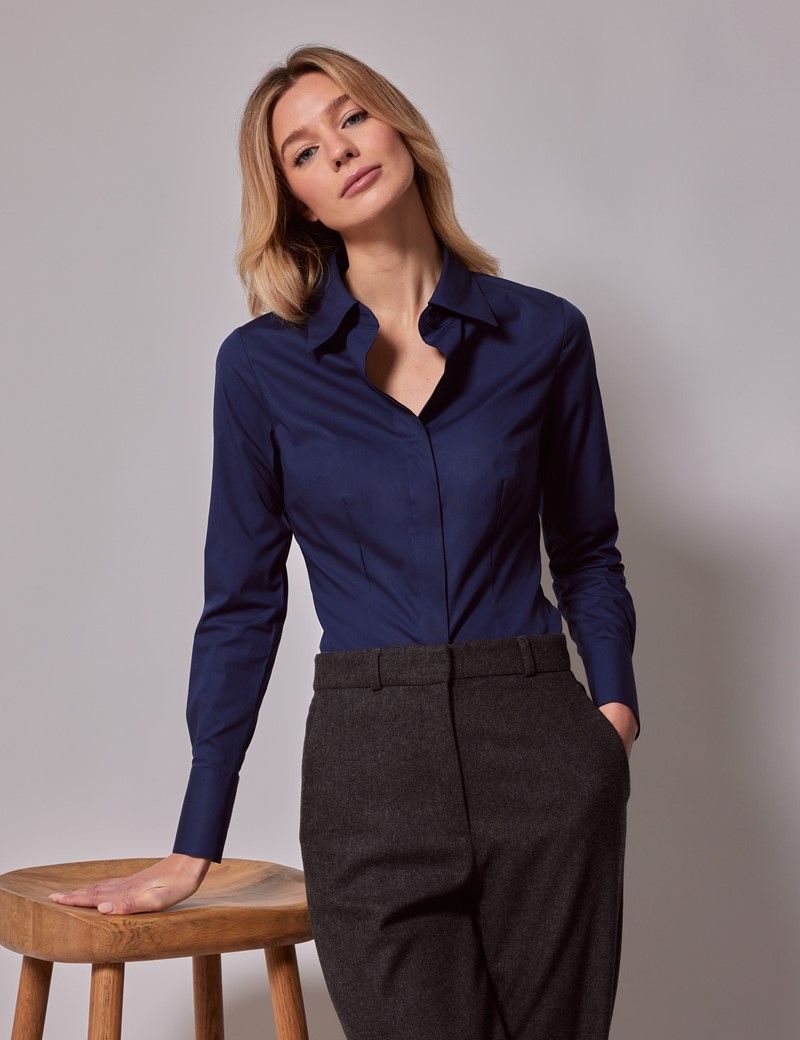 Women's Navy Fitted Cotton Stretch Shirt With Concealed Placket