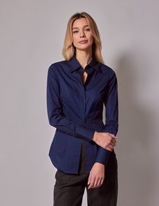 Navy Cotton Stretch Fitted Shirt With Concealed Placket-preview3