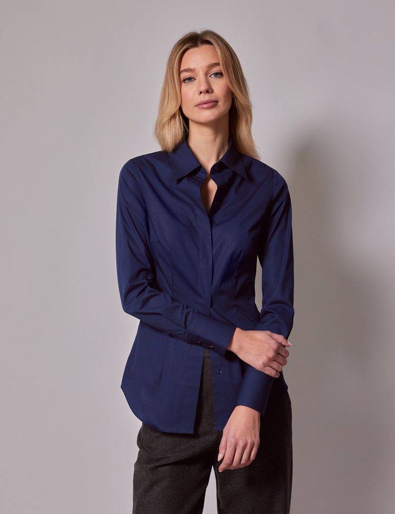 Women's Navy Fitted Cotton Stretch Shirt With Concealed Placket