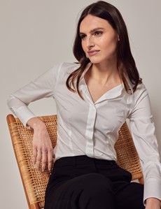 White Cotton Stretch Fitted Shirt With Concealed Placket