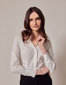White Cotton Stretch Fitted Shirt With Concealed Placket-preview5
