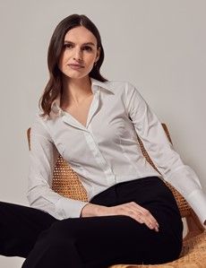 White Cotton Stretch Fitted Shirt With Concealed Placket-preview6