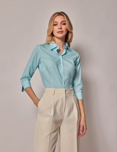 Aqua Fitted 3/4 Sleeve Cotton Shirt