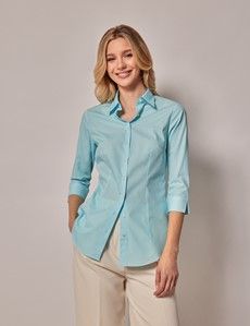 Aqua Fitted 3/4 Sleeve Cotton Shirt-preview2