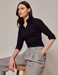 Black Fitted 3/4 Sleeve Cotton Shirt-preview7