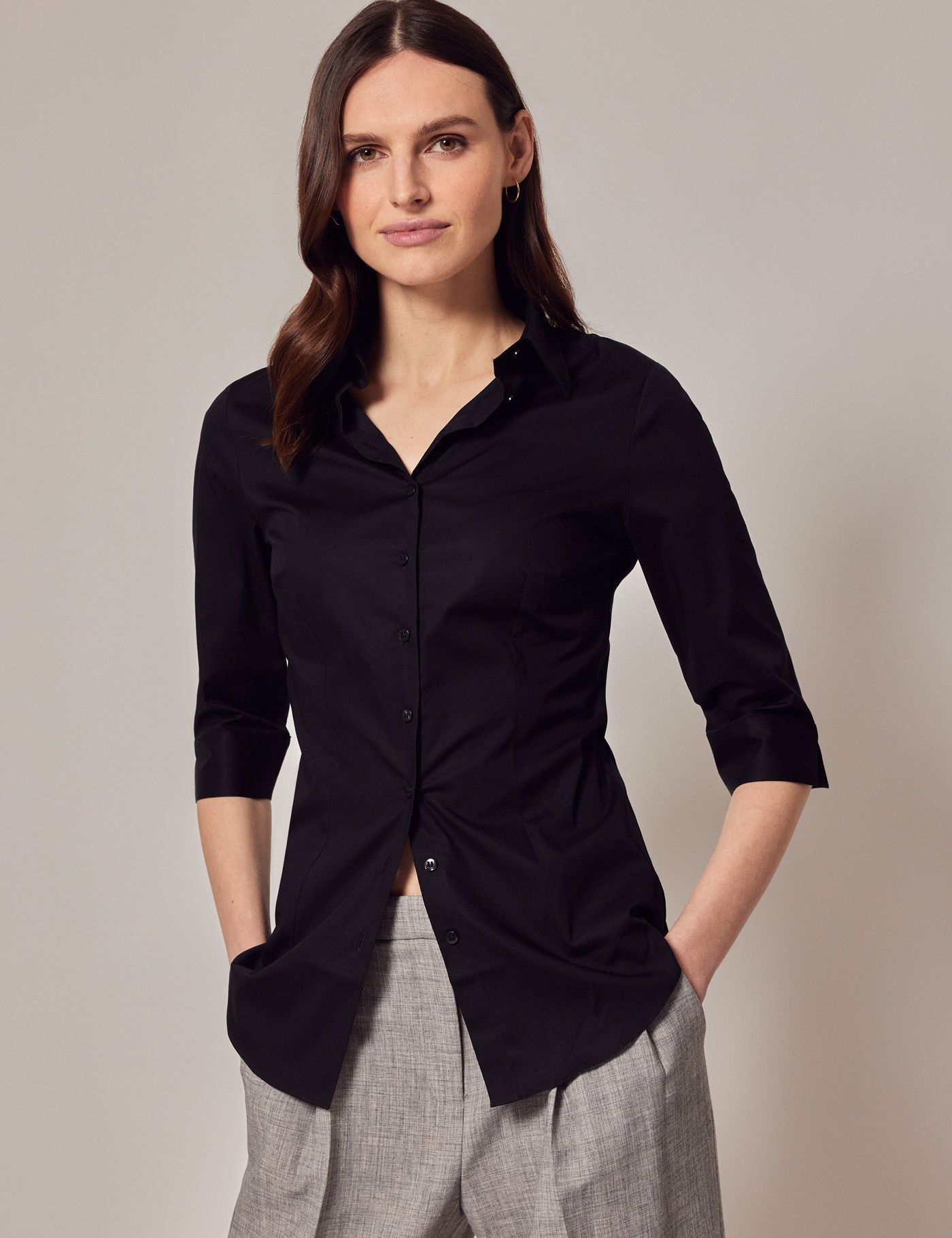 Womens Hawes Curtis Sleeve Black Stretch Shirt Black