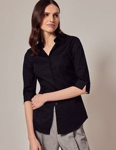Black Fitted 3/4 Sleeve Cotton Shirt-preview5
