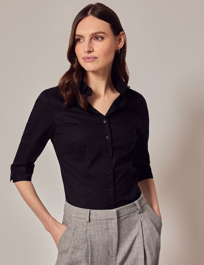 Women's Black Fitted 3 Quarter Sleeve Cotton Shirt