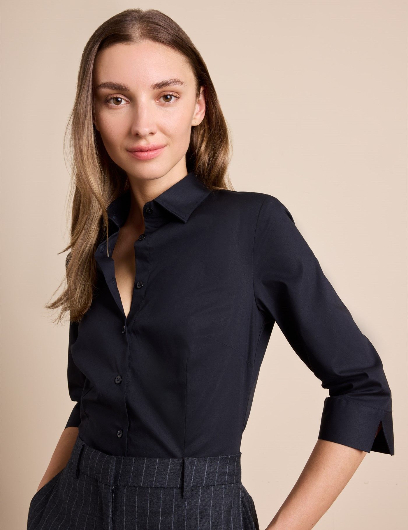 Women's Black Fitted 3 Quarter Sleeve Cotton Shirt