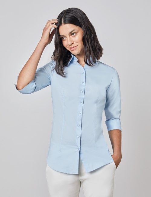 Ice Blue Fitted 3/4 Sleeve Cotton Shirt