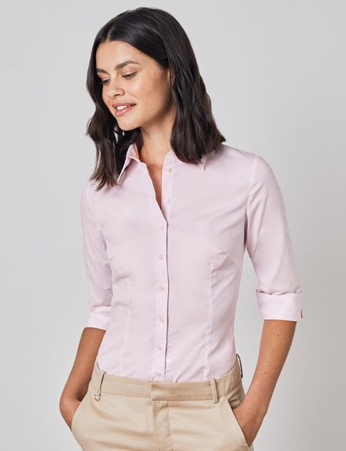 Pink Fitted 3/4 Sleeve Cotton Shirt