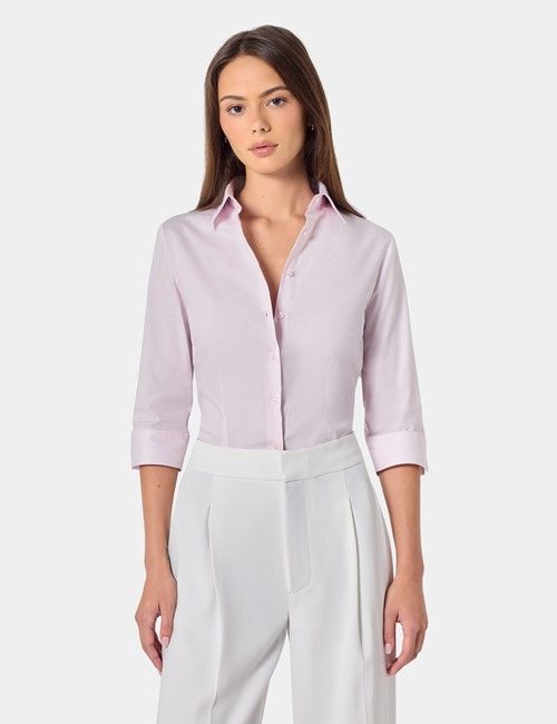 Pink Fitted 3/4 Sleeve Cotton Shirt